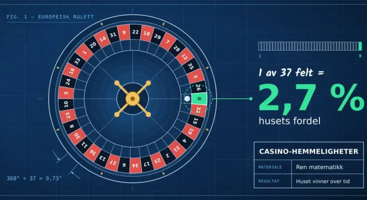 Illustrasjon i blåkopistil av et europeisk ruletthjul der kula har landet i det grønne nullfeltet, med en strek ut til teksten «1 av 37 felt = 2,7 % husets fordel» og et tegningshode med «Casino-hemmeligheter – Materiale: Ren matematikk».