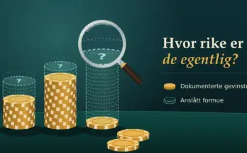 Illustrasjon av tre stabler med gullsjetonger på et petrolgrønt spillebord, der hver stabel har en stiplet, gjennomsiktig forlengelse med spørsmålstegn som viser anslått formue oppå dokumenterte gevinster, mens et forstørrelsesglass gransker den høyeste og mest usikre stabelen, ved siden av teksten «Hvor rike er de egentlig?».