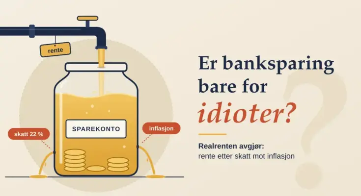 Illustrasjon av en glasskrukke merket «Sparekonto» som fylles med gull fra en kran merket «rente», mens den lekker gjennom hull merket «skatt 22 %» og «inflasjon», ved siden av teksten «Er banksparing bare for idioter?».