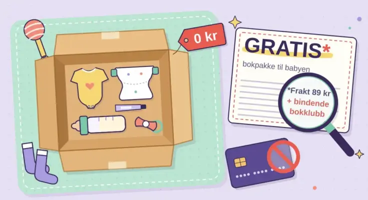 Illustrasjon av en åpen startpakke på et mintgrønt babyteppe med babybody, bleie, tåteflaske, smokk og en prislapp på «0 kr», ved siden av en kupong med «GRATIS*» der et forstørrelsesglass avslører «Frakt 89 kr + bindende bokklubb» og et betalingskort med forbudsskilt.