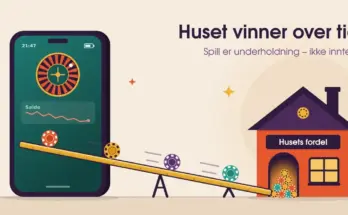Illustrasjon av en mobil med et rulettspill og en fallende saldo, der en skrå rampe leder spillesjetonger ut av skjermen og inn døren til et hus med skiltet «Husets fordel» og teksten «Huset vinner over tid».