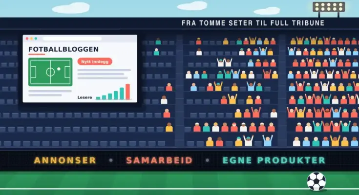 Illustrasjon av en fotballtribune som gradvis fylles opp fra tomme seter til venstre til jublende tilskuere til høyre, med en storskjerm som viser «Fotballbloggen» med et nytt innlegg og stigende lesertall, og en LED-reklamebande med «Annonser • Samarbeid • Egne produkter».