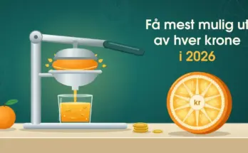 Illustrasjon av en sitruspresse som presser en appelsin til gyllen juice med kronemynter i glasset, ved siden av en oppskåret appelsin der snittflaten ser ut som en krone, og teksten «Få mest mulig ut av hver krone i 2026».