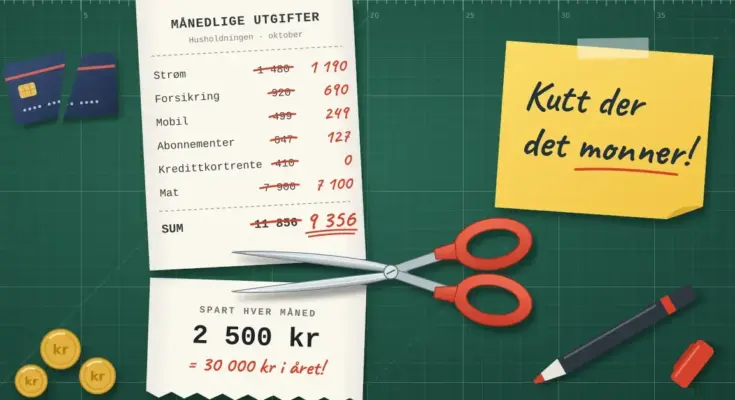 Illustrasjon av en kassalapp med månedlige utgifter for strøm, forsikring, mobil, abonnementer, kredittkortrente og mat, der beløpene er strøket over og erstattet med lavere tall, mens en saks klipper av nederste del merket «Spart hver måned: 2 500 kr = 30 000 kr i året!» ved siden av en gul lapp med teksten «Kutt der det monner!».