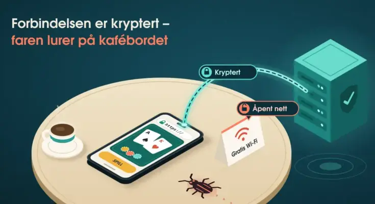 Isometrisk illustrasjon av en mobil med et kortspill og «https://» i adressefeltet på et kafébord, der en kryptert lysstråle går trygt til en server, mens et bordskilt med «Gratis Wi-Fi» merket «Åpent nett» og et skadevare-insekt utgjør farene ved bordet.