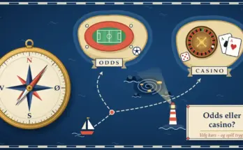 Illustrasjon av et sjøkart i marineblått der en seilbåt nærmer seg et veiskille med stiplede ruter til øya «Odds» med et fotballstadion og øya «Casino» med et rulettbord og spillkort, mens et fyrtårn lyser på en malstrøm som sluker mynter og et messingkompass med N, Ø, S og V ligger ved siden av teksten «Odds eller casino? Velg kurs – og spill trygt».