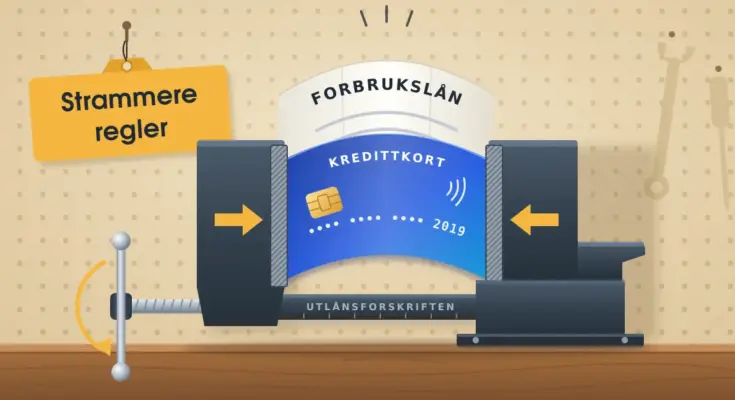 Illustrasjon av en skrustikke på en arbeidsbenk foran en perforert verktøyvegg, der kjevene merket «UTLÅNSFORSKRIFTEN» presser et blått kredittkort og et ark merket «FORBRUKSLÅN» sammen til en bue, mens en gul merkelapp med teksten «Strammere regler» henger på veggen.