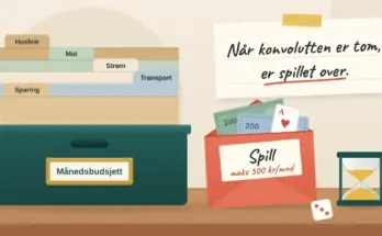 Illustrasjon av en grønn arkivboks merket «Månedsbudsjett» med konvolutter for husleie, mat, strøm, transport og sparing, mens den røde konvolutten «Spill – maks 500 kr/mnd» står for seg selv på pulten ved et timeglass og en terning, under en lapp på veggen der det står «Når konvolutten er tom, er spillet over.»