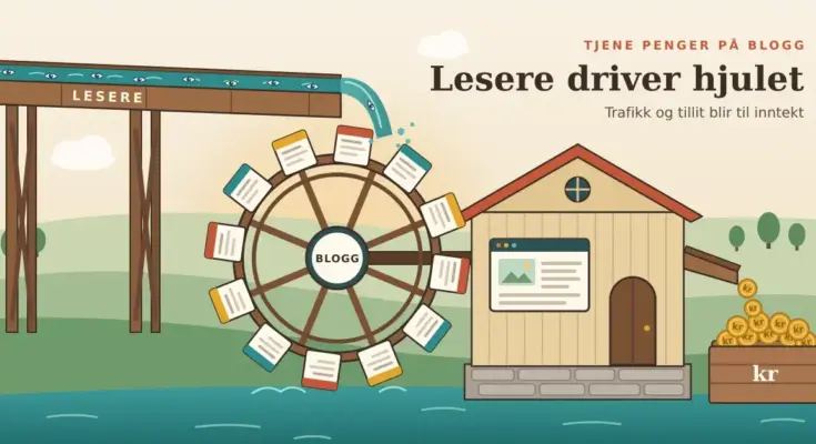 Illustrasjon av et vannhjul der bladene er blogginnlegg, drevet av en vannrenne merket «Lesere» full av øyne, som får en mølle med nettleservindu til å slippe mynter merket «kr» ned i en kasse, ved siden av teksten «Lesere driver hjulet».