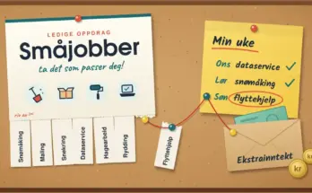 Illustrasjon av en korktavle med en oppslagslapp merket «Småjobber – ta det som passer deg!» med avrivbare lapper for snømåking, maling, snekring og dataservice, der lappen «Flyttehjelp» er revet av og en rød tråd fører den videre til en gul ukeplan og en konvolutt merket «Ekstrainntekt» med kronemynter.